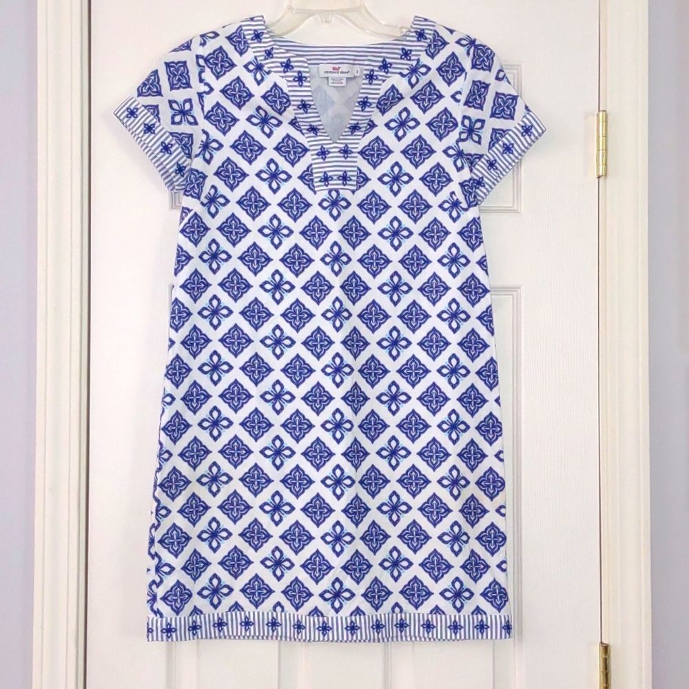 Vineyard Vines Linen Dress - Blue Geometric pattern Size 2